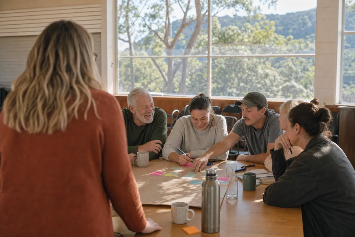 A community group planning together around a table while Ashleigh listens