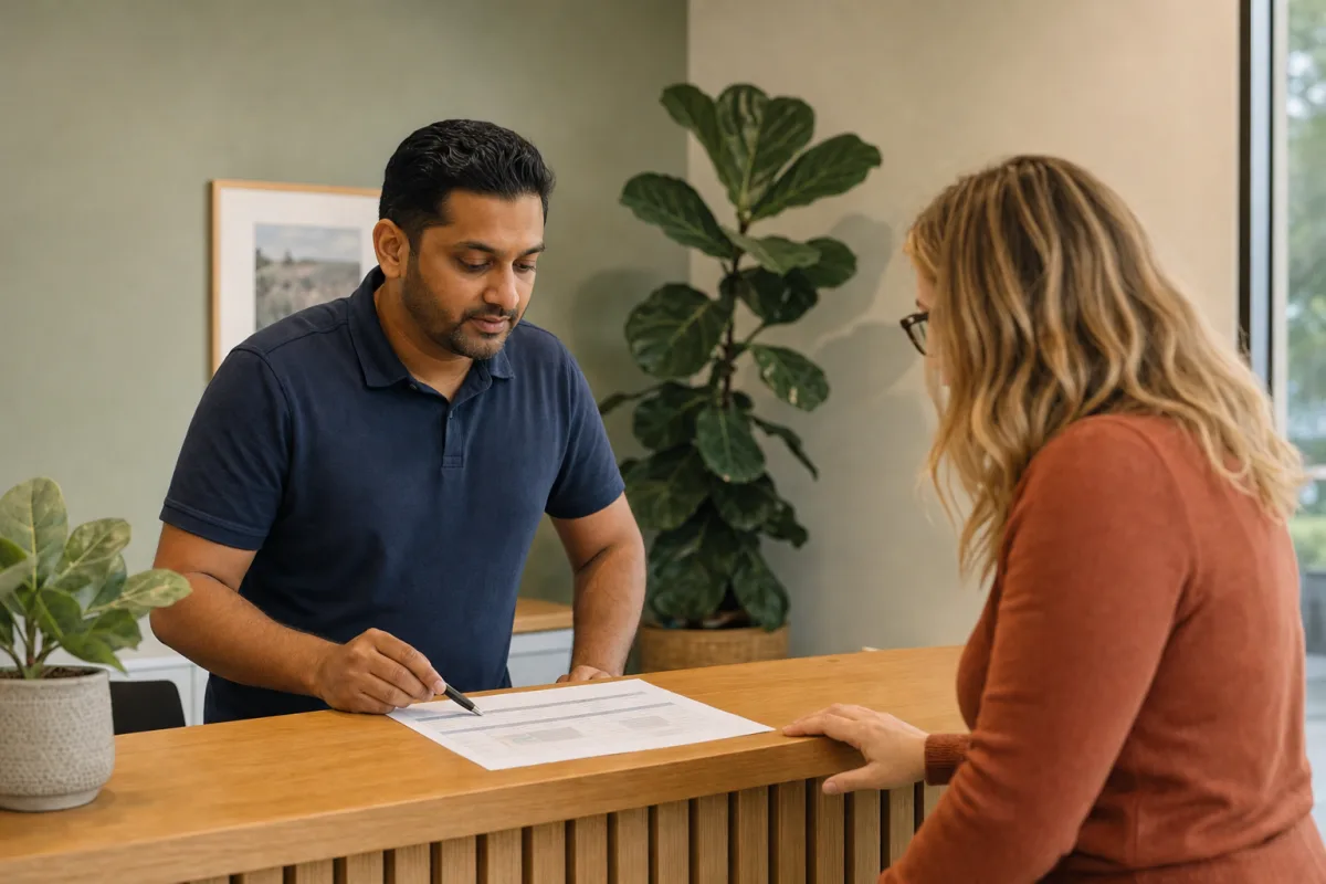 A practice manager working through a staff roster at his front desk with Ashleigh
