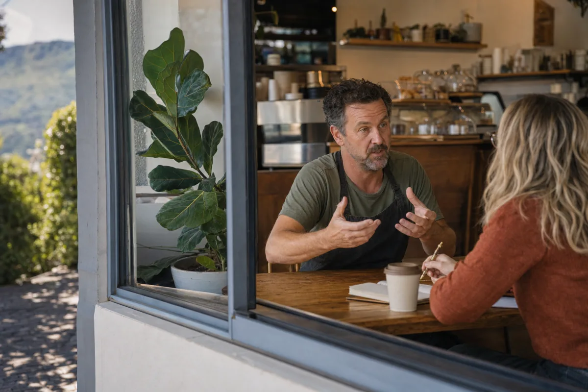 A café owner talking through his business at a window table while Ashleigh takes notes