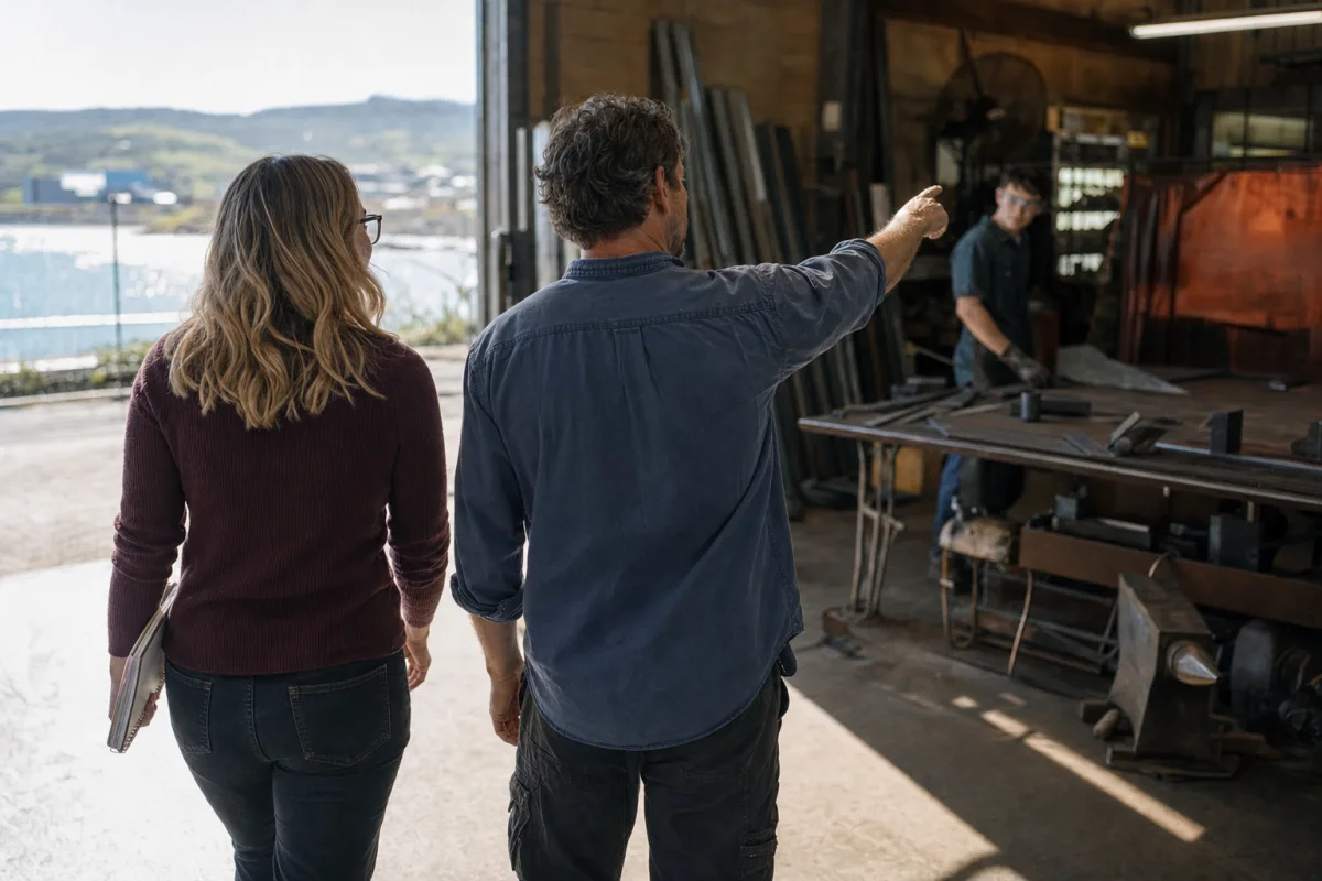 A workshop owner showing Ashleigh around his fabrication shop