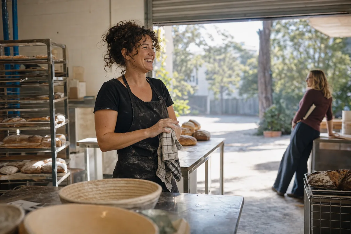 A baker laughing in her back room at the end of the work, with Ashleigh by the roller door